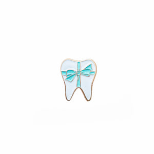 Specialty Tooth Pin - White Present with Turquoise Bow