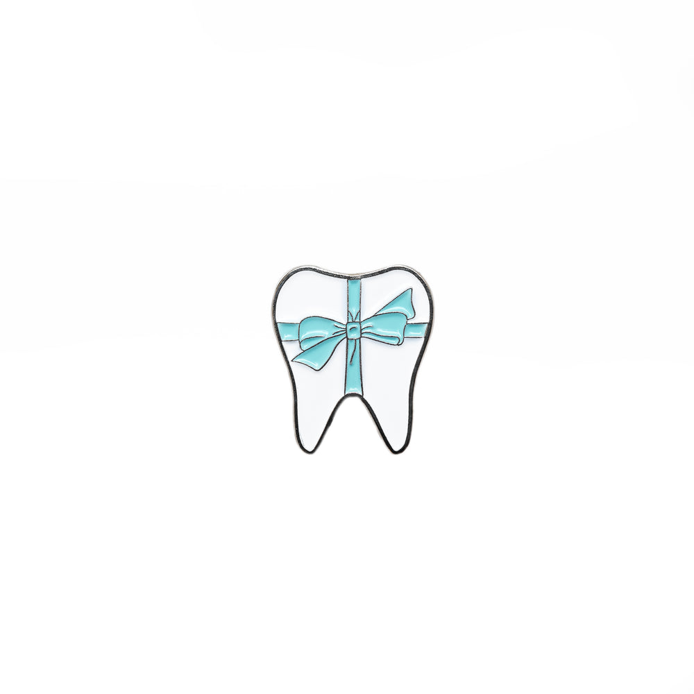 Specialty Tooth Pin - White Present with Turquoise Bow