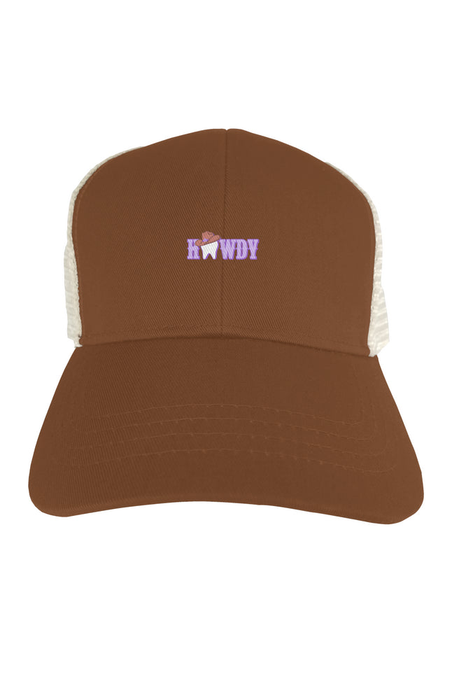 Howdy Tooth Eco Trucker Organic Recycled Brown Hat- Purple Design