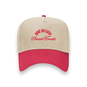 Here Because Sweet Treats Baseball Cap- Khaki & Red Embroidery