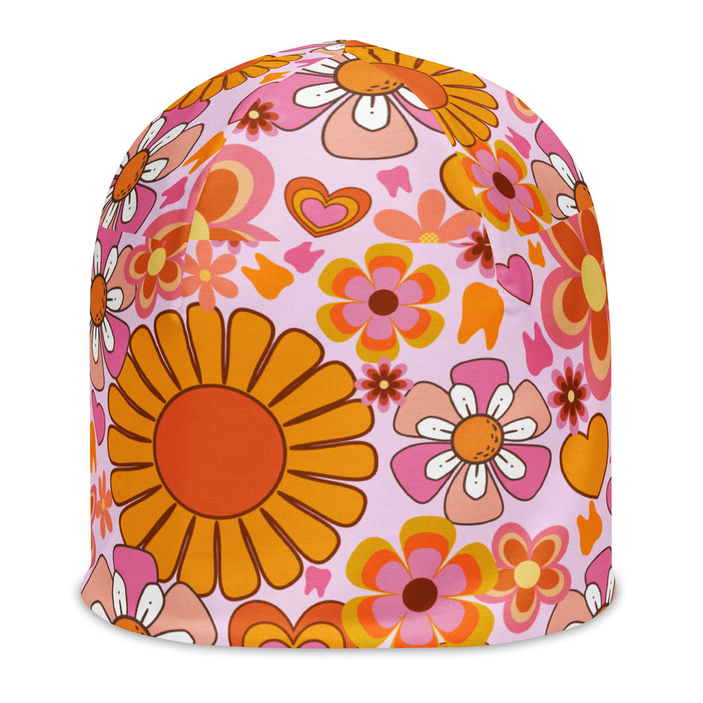Toothy Retro Fall All-Over Print Beanie- Pink