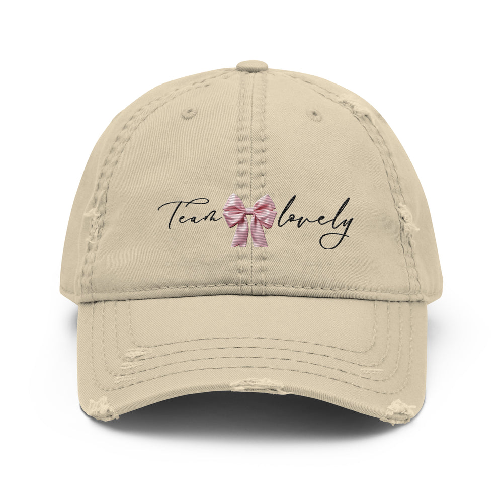 Team Lovely Pink Bow Embroidered Distressed Dad Hat