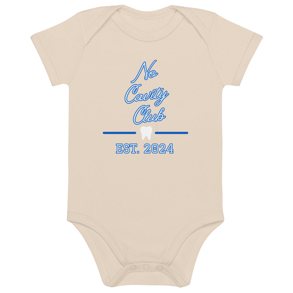 No Cavity Club Collegiate 2024 Organic cotton baby bodysuit Blue Design