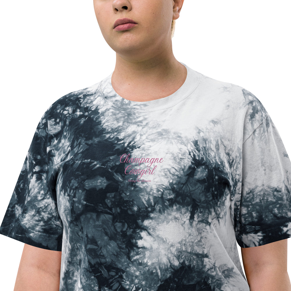 Champagne Cowgirl Living The Dream Embroidery Oversized tie-dye t-shirt