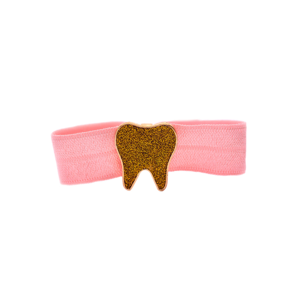 Hair Elastic - Gold Glitter Tooth on Peach