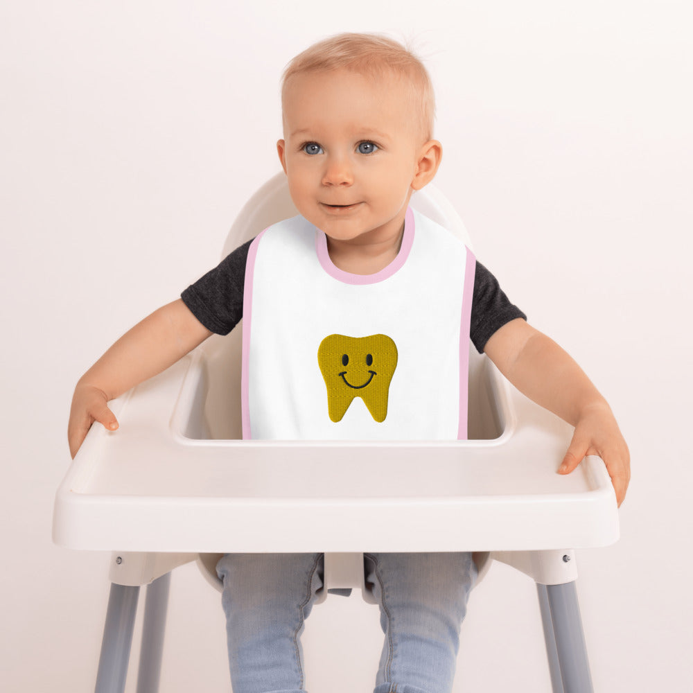 
            
                Load image into Gallery viewer, Gold Happy Tooth Embroidered Baby Bib
            
        