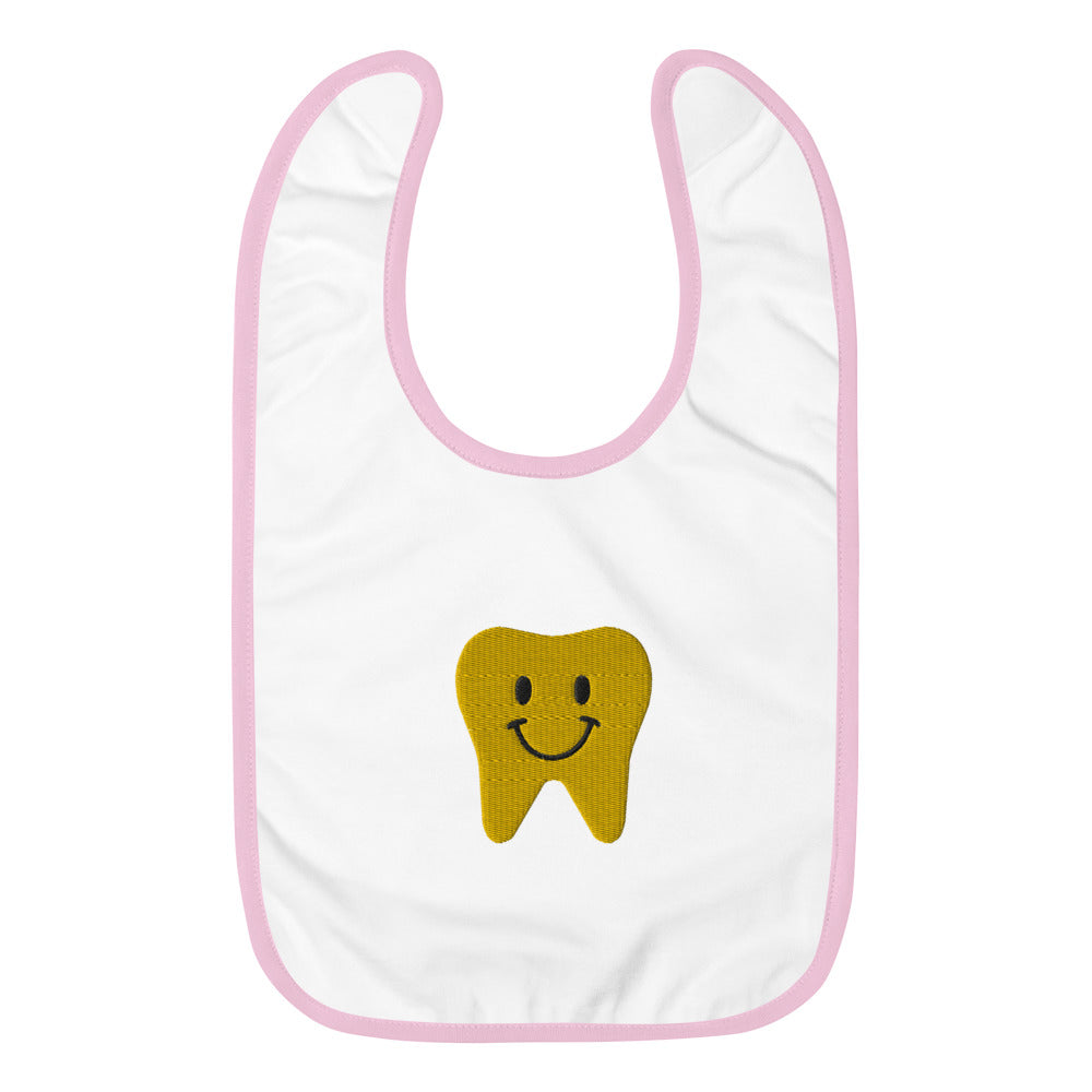 
            
                Load image into Gallery viewer, Gold Happy Tooth Embroidered Baby Bib
            
        