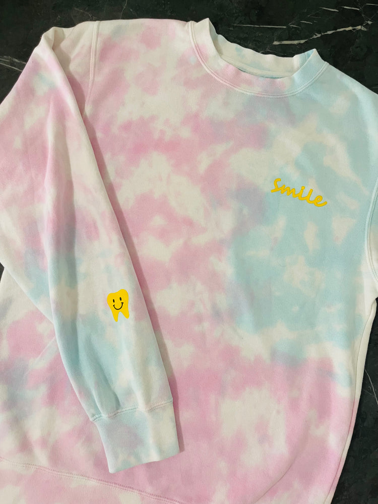 
            
                Load image into Gallery viewer, Happy Tooth Crewneck- Cotton Candy Tie-Dye
            
        