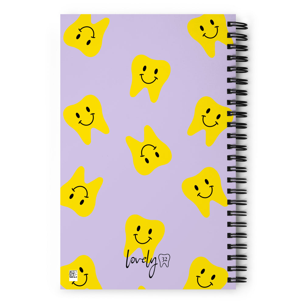 
            
                Load image into Gallery viewer, Yellow Happy Tooth Spiral Notebook in Lavender
            
        