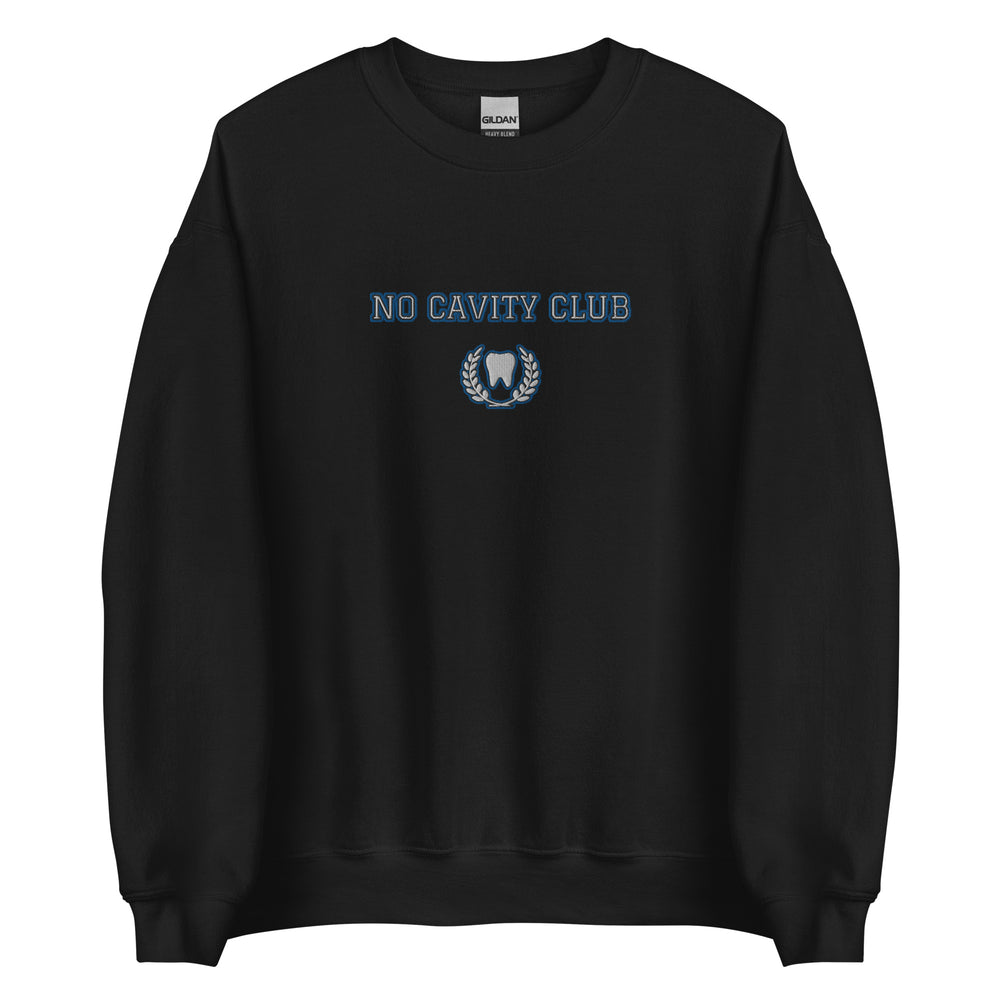 
            
                Load image into Gallery viewer, No Cavity Club Sweatshirt, Varsity Letters Embroidered Blue and White
            
        