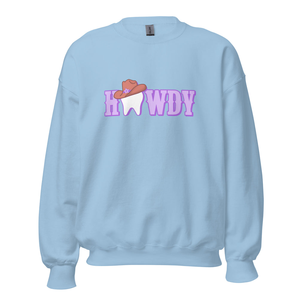 
            
                Load image into Gallery viewer, Howdy Cowgirl Tooth Brown Hat Sweatshirt Lavender Design
            
        