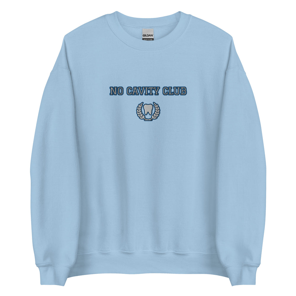 
            
                Load image into Gallery viewer, No Cavity Club Sweatshirt, Varsity Letters Embroidered Blue and White
            
        