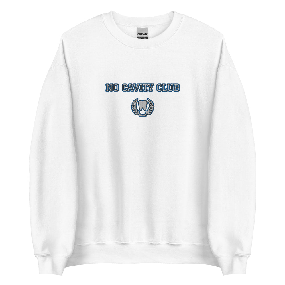 No Cavity Club Sweatshirt, Varsity Letters Embroidered Blue and White